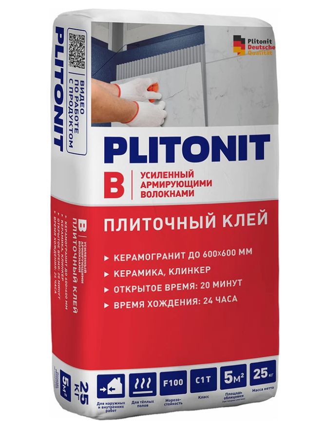 Клей плиточный ПЛИТОНИТ В усиленный армирующими волокнами 25 кг