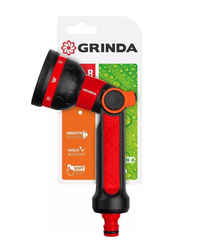 Пистолет поливочный GRINDA N-8 двухкомпонентный с регулятором напора 8-режимов 8-427188
