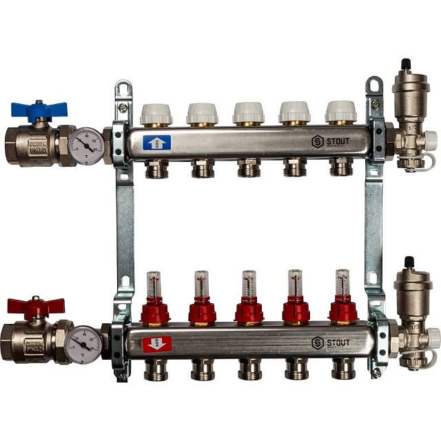 Группа коллекторов Stout с расходомерами 5 выхода в сборе
