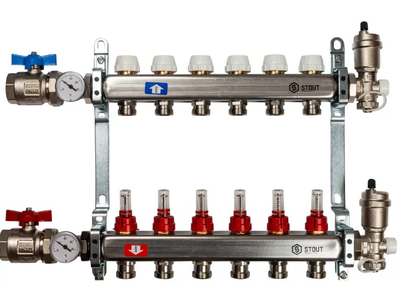 Группа коллекторов Stout с расходомерами 6 выхода в сборе