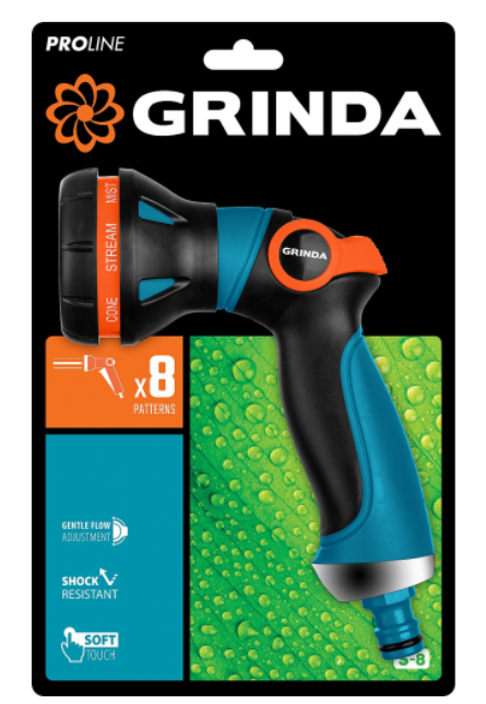 Пистолет поливочный GRINDA S-8, 8 режимов двухкомпонентный с регулятором напора 429100