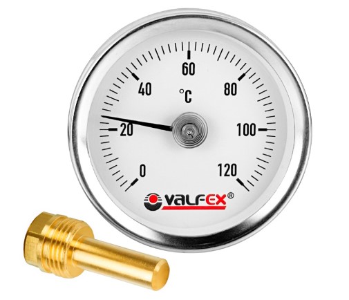 Биметаллический термометр с погружной гильзой 63мм Valfex д1/2 120C