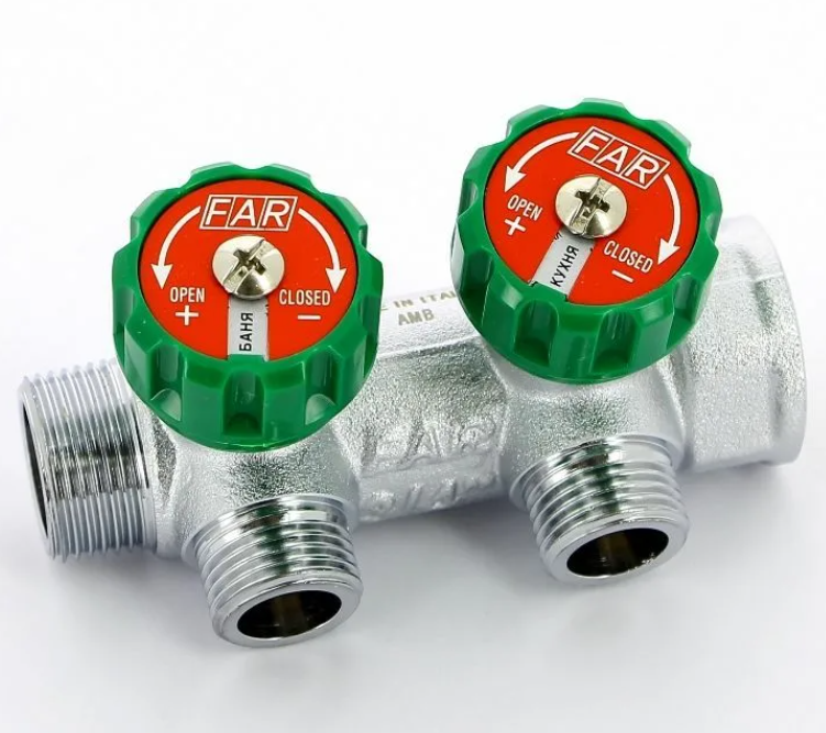 Регулирующий коллектор под плоское уплотнение 2 выхода 3/4х1/2