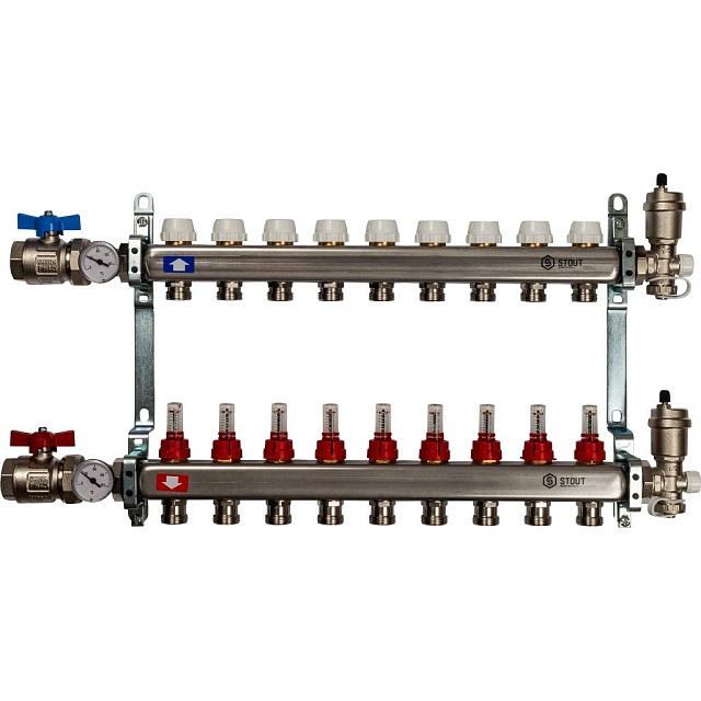 Группа коллекторов Stout с расходомерами 9 выходов в сборе